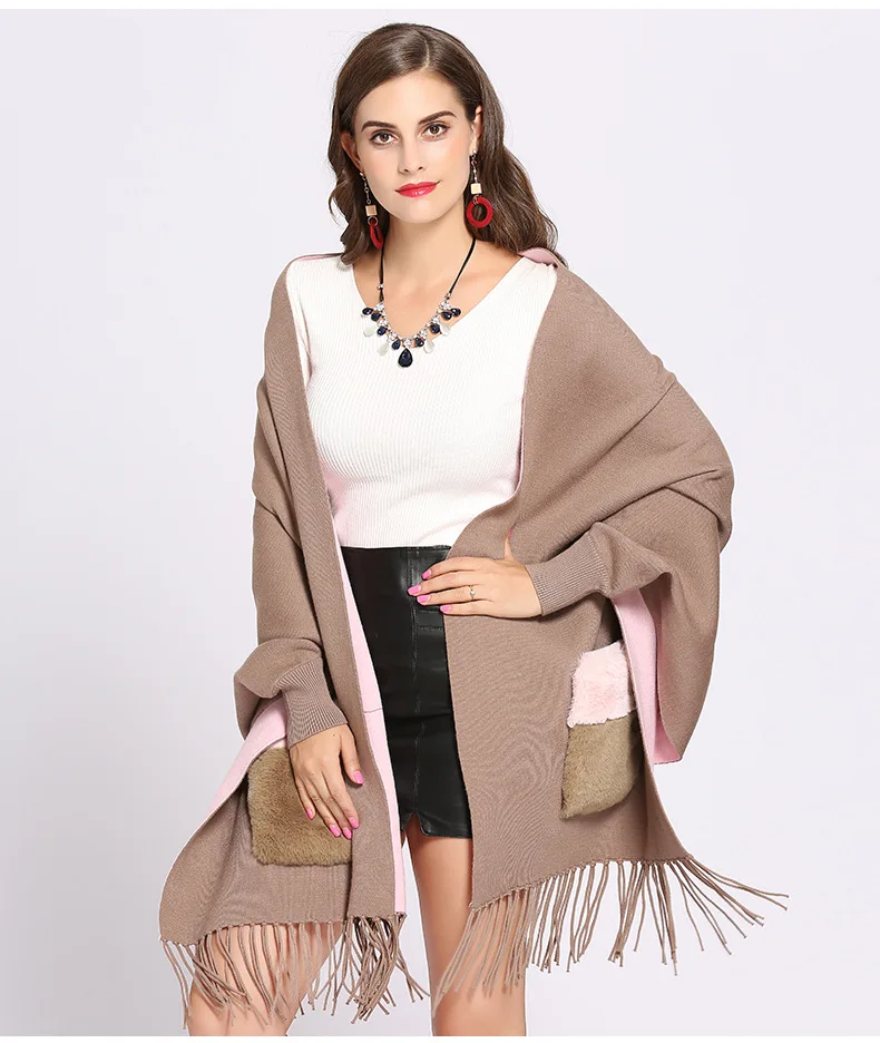 Winter Faux Cashmere Poncho Loose Streetwear Women Batwing Sleeve Shawl Capes Fur Pocket Female Oversize Tassel Knitted Cloak