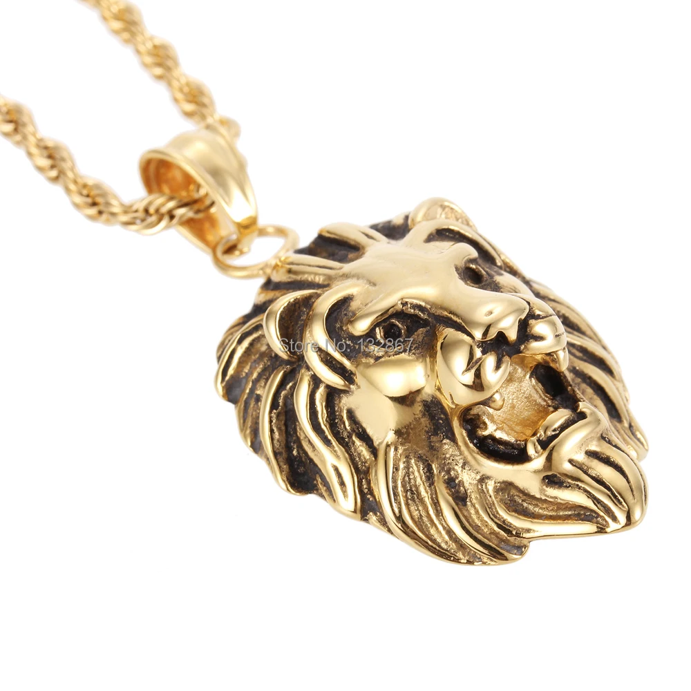 Classical Jewelry Gift Large Stainless Steel Biker Gold Lion Heads King Pendant Mens' Necklace 24inch 4mm