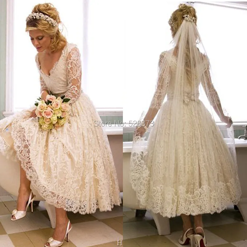 

YNQNFS W1 50S 60S 3/4 Long Sleeves Tea Length Vintage Lace Wedding Dress Party Dress