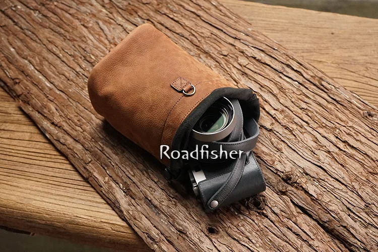 Roadfisher Brown Drawstring Genuine Leather Camera Bag Insert