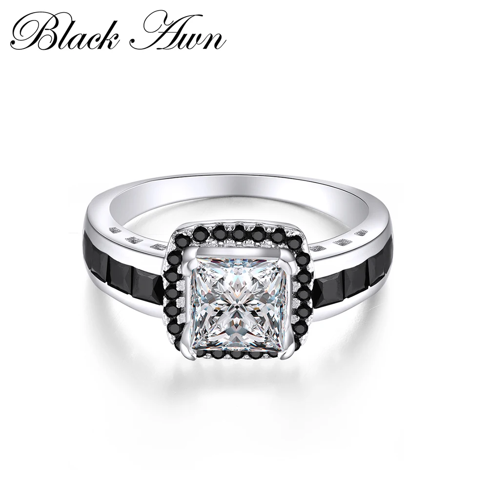 

[BLACK AWN] Genuine 925 Sterling Silver Jewelry Rings for Women Black&White Stone Femme Ring Bijoux Bague C196