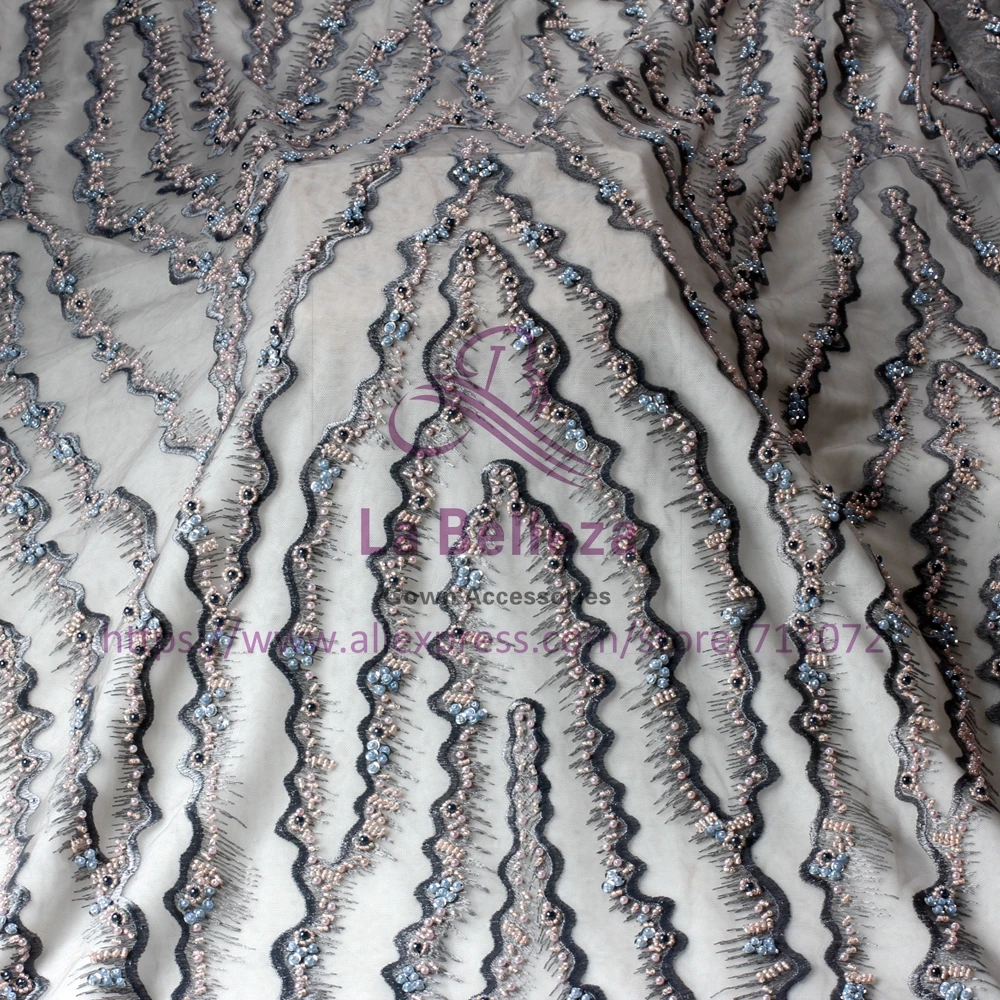 La Belleza New gray mixed colours handmade beading lace fabric 49
