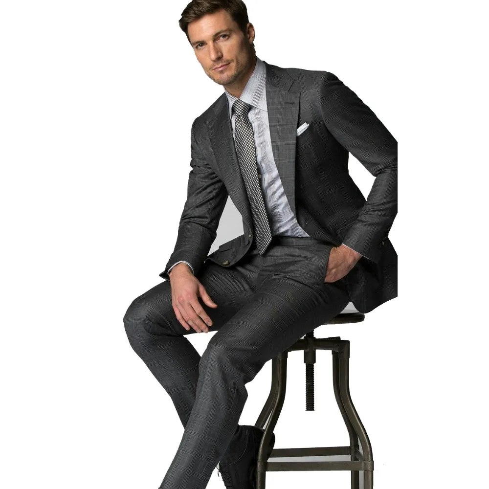 

2019 Dark Grey Plaid Stripe Men's Slim Fit Business Suit Men High Quality Tailored Suits Male Wedding Tuxedo Suits Jacket Pants