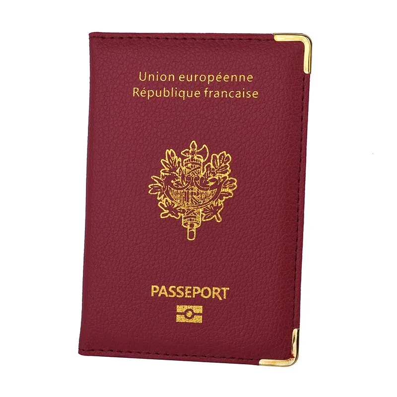 Funda de pasaporte francés de cuero PU con ranuras para tarjetas de crédito, organizador de pasaporte francés para viajes para hombres y mujeres