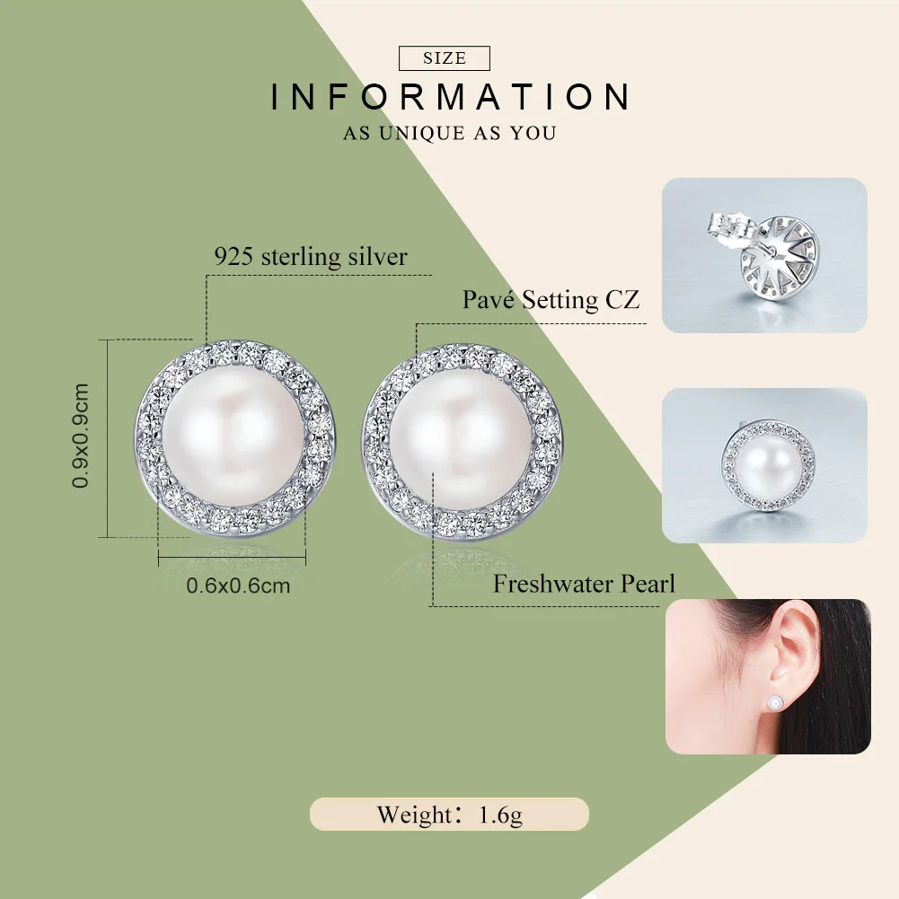 WOSTU 925 Sterling Silver Classic Round Sparking CZ Freshwater Pearl Stud Earrings For Women Luxury Original Jewelry CQE122