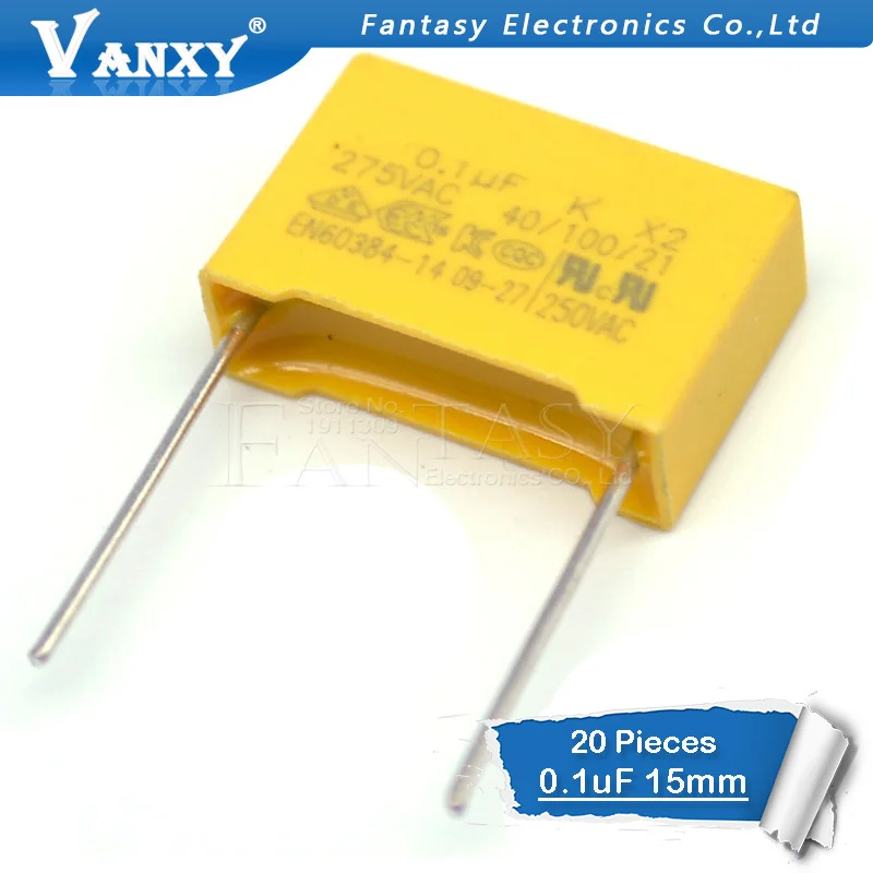 20pcs 100nF capacitor X2 capacitor 275VAC Pitch 15mm X2 Polypropylene film capacitor 275V 0.1uF