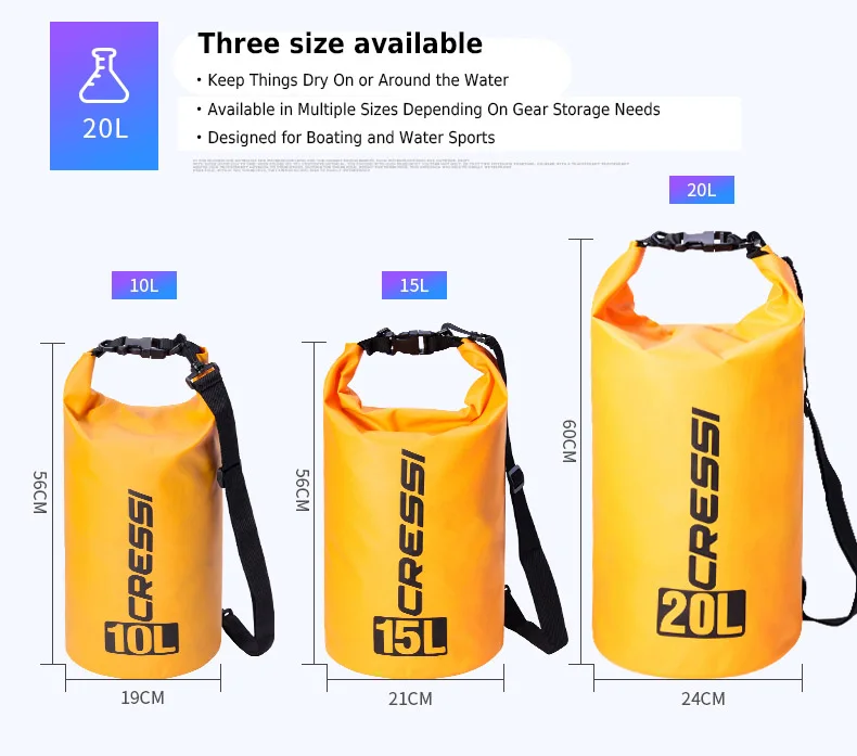 Cressi Dry Bag Diving Bags Big Volume Diving Equipment Bag Waterproof Bag for Snorkeling Dive 10L 15L 20L Easy Carry