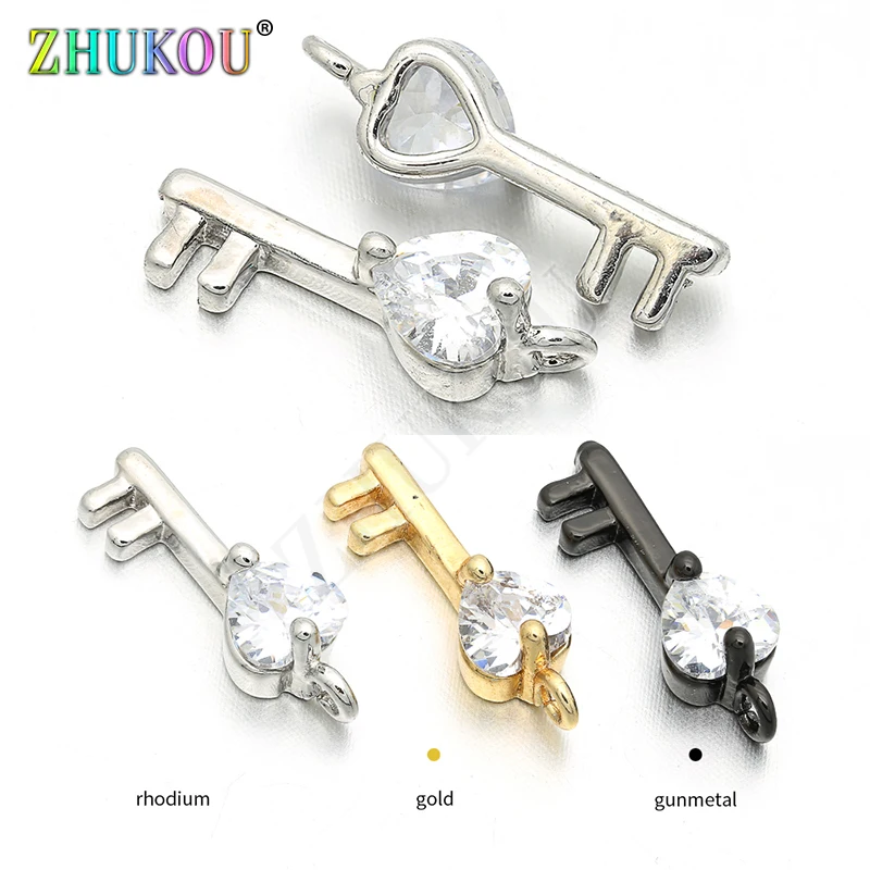 5*16mm Brass Cubic Zirconia Key with Crystal Love Heart Charms Pendants DIY Jewelry Findings Accessories, Model: VD128
