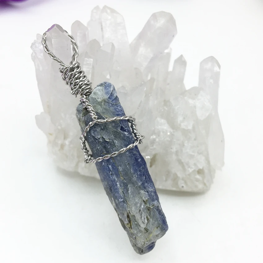 Exquisite handmade natural stone blue kyanite stone irregular charms pendant silver-color wire winding hot sale jewelry B3076