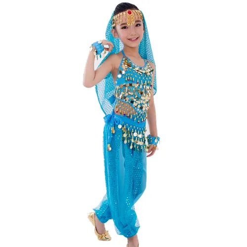 Imagen 2 del producto Trajes de danza del vientre para niños, conjunto de danza del vientre para niñas, Bollywood, actuación india, ropa hecha a mano, 6 colores