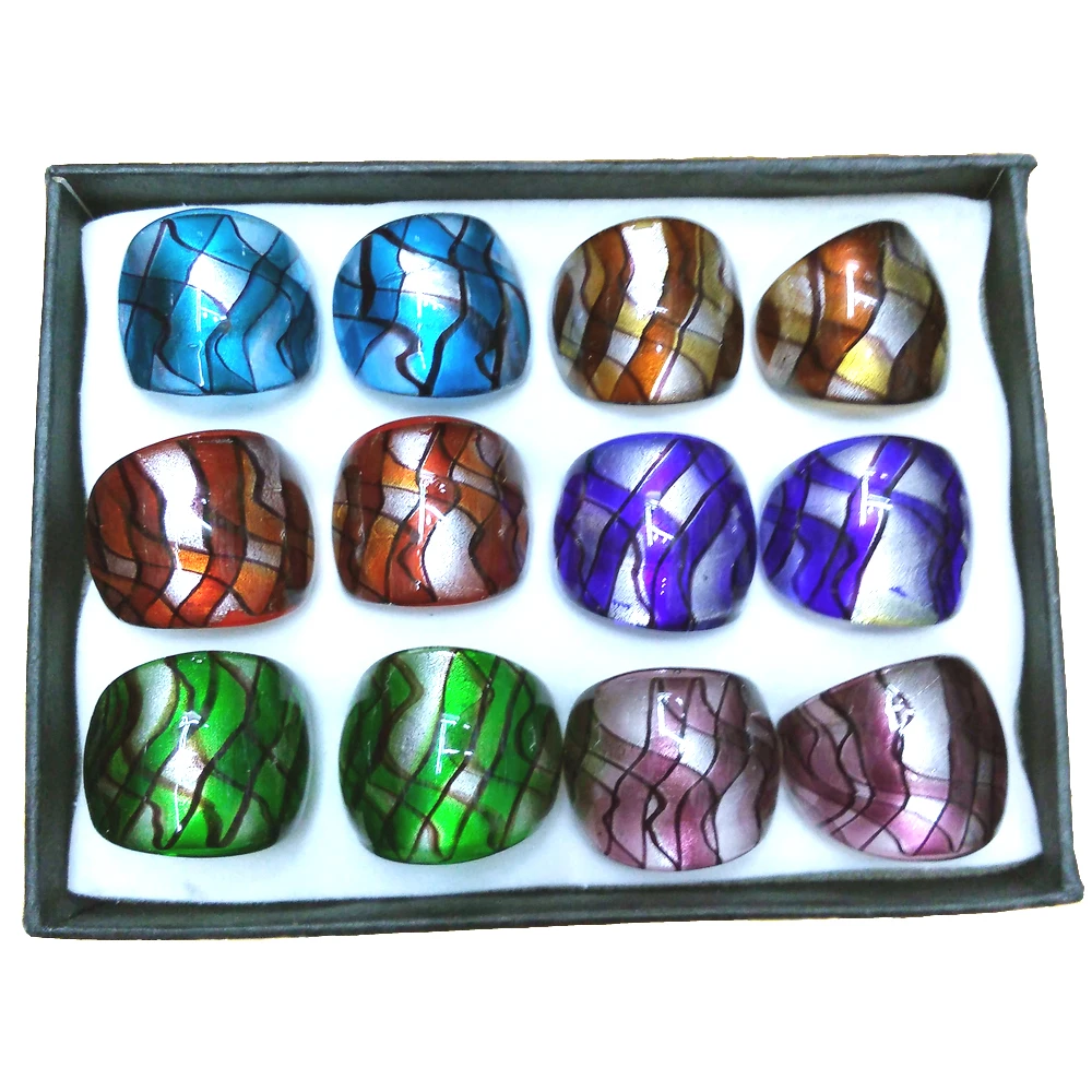 Silver Foil Murano Rings With Ribbon Design, Handmade All Glass Work, Six Colors 12pcs/lot Free Shipping