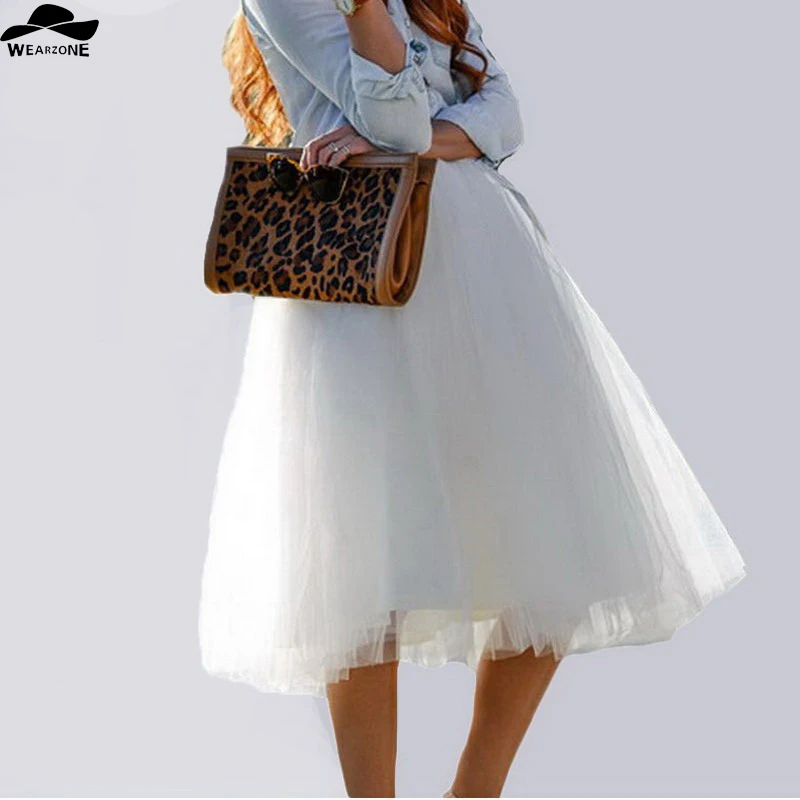 

New Puff Women Chiffon Tulle Skirt White faldas High waist Midi Calf Chiffon plus size Grunge Jupe Female Tutu Skirts