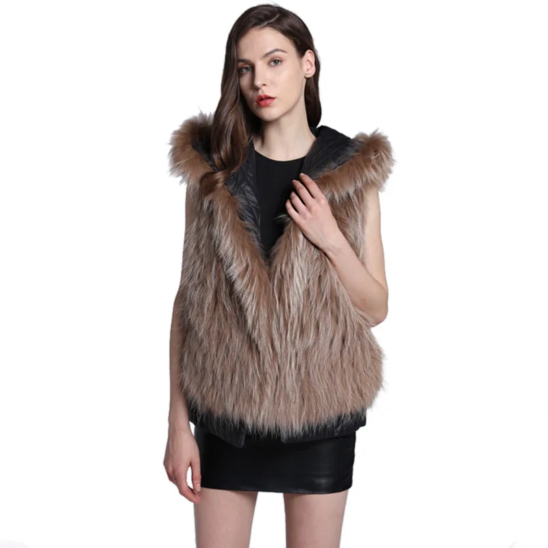 

Luxury Autumn Winter Women's Genuine Striped Fox Fur Vest with Hoody Down Lining Lady Short Waistcoat Female Gilet VF5063