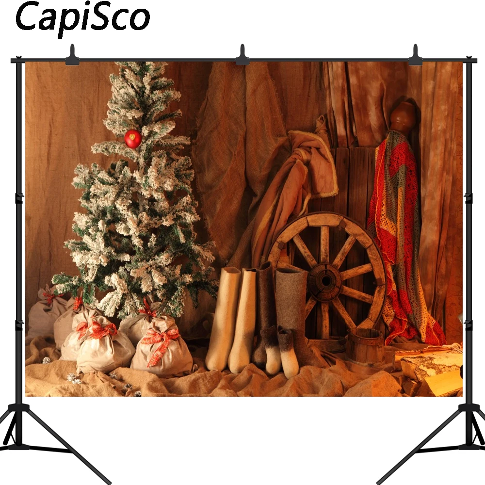 Capisco Farm House wheel Boots Christmas Tree Gift Photography Backgrounds Customized Photographic Backdrops For Photo Studio