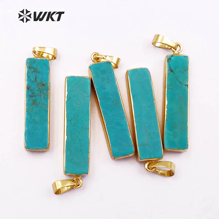 WT-P308 WKT wholesale best seller Natural green stone pendants with gold trim rectangle green stone pendants Jewelry accessories