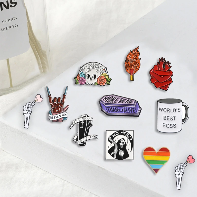 Punk Rock pins sensenmann Skeleton Herz Liebe es bis sterben Broschen Abzeichen Tasche Emaille pins Geschenke Für Freunde Schmuck großhandel