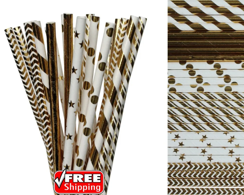 150 Pcs Mixed 6 Designs Metallic Gold Foil Paper Straws-Striped,Plain,Polka Dot,Chevron,Star Wedding Christmas Party Drinking