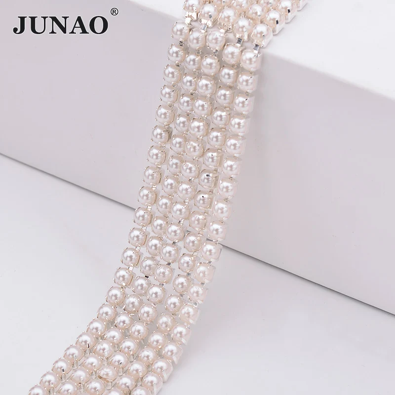JUNAO ss6 ss12 ss16 화이트 진주 체인 라인 석 트림 신부 진주 목걸이 장식 웨딩 드레스에 대한 아크릴 Strass Applique