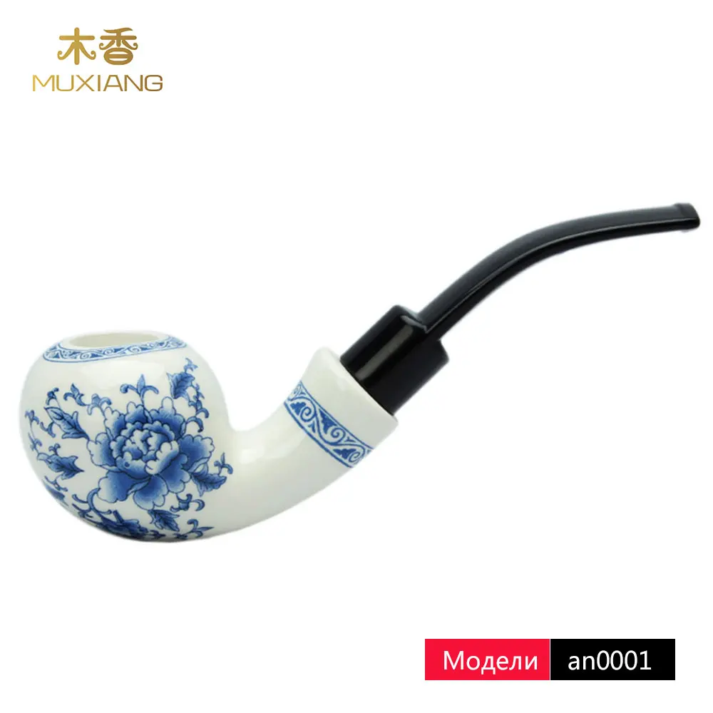 

RU-MUXIANG Handmade Ceramic Pipes Bending Type Blue and White Porcelain Smoking Tools Double Insulation Clay 9mm Filter an0001