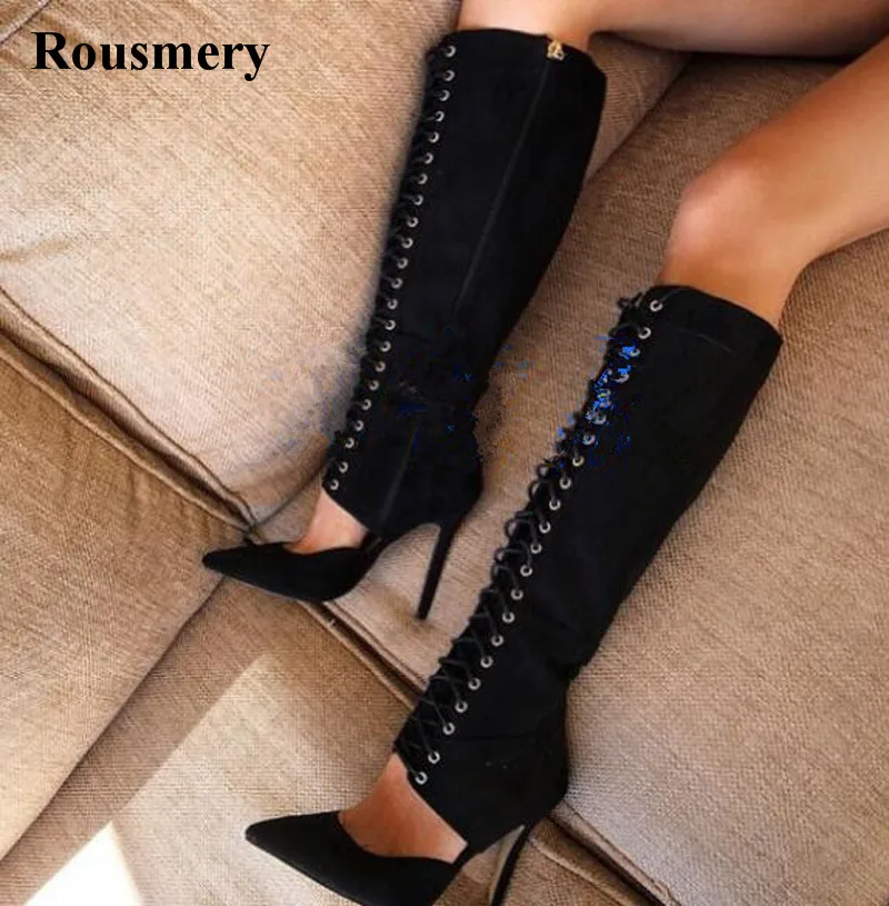 

Women Slim Style Pointed Toe Black Suede Leather Lace-up Gladiator Boots Knee High Cut-out High Heel Boots Dress Shoes