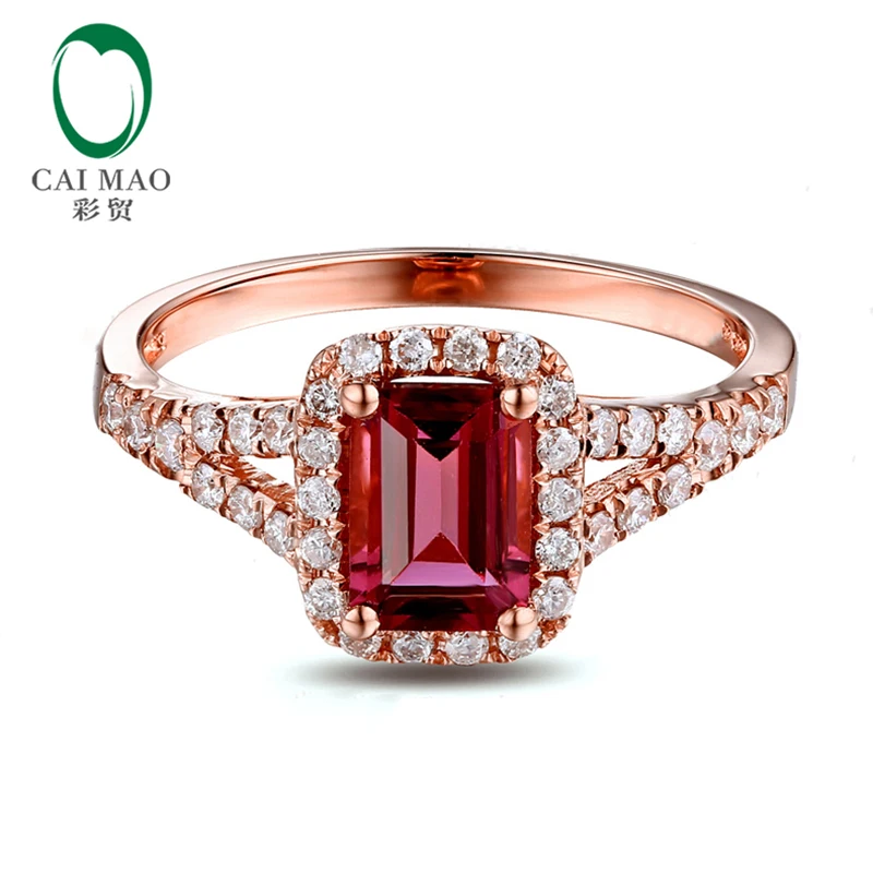 Caimao 10k Rose Gold Emerald Cut 0.93ct Pink Tourmaline & Natural Diamond Engagement Ring Fine Jewelry