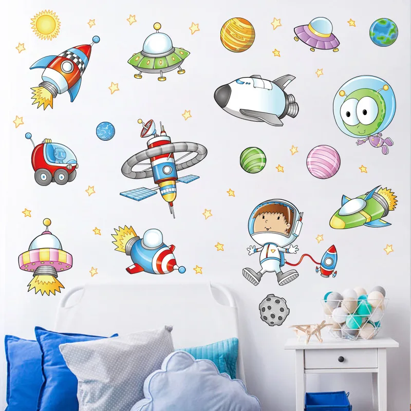 Space Astronaut Cartoon Wall Sticker Kids Room Outer Space Planet Galaxy Rocket Ship Decorative Wall Murals For Child\'s Favor