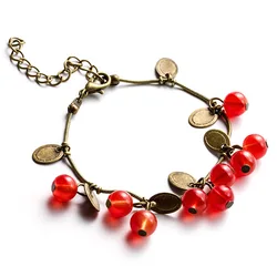 Vintage Sweet Cute Red Cherry Charm Bracelets & Bangles For Women Jewelry Retro Coin Bead Bracelet Mujer Pulseras Christmas Gift