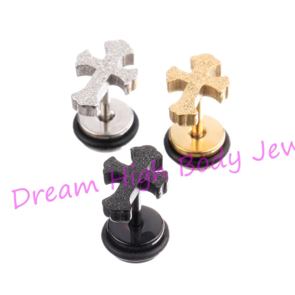 Newest style Cross Earring Ear Stud Nail Barbell dull polish Gold Color Black 316L Stainless Steel frosted Fashion Jewelry