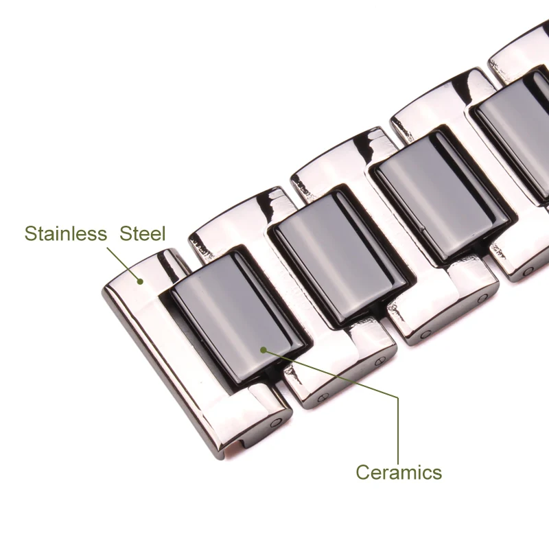 16 18 20mm Stainless Steel Bracelet Middle Ceramic Links Watch Band Men Lady White Black Clock Accessories Watchband Strap