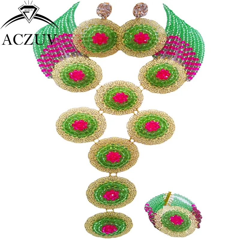 

ACZUV Brand Light Green Hot Pink African Jewelry Set Dubai Crystal Necklace Earrings Bracelet for Nigerian Wedding A10R016