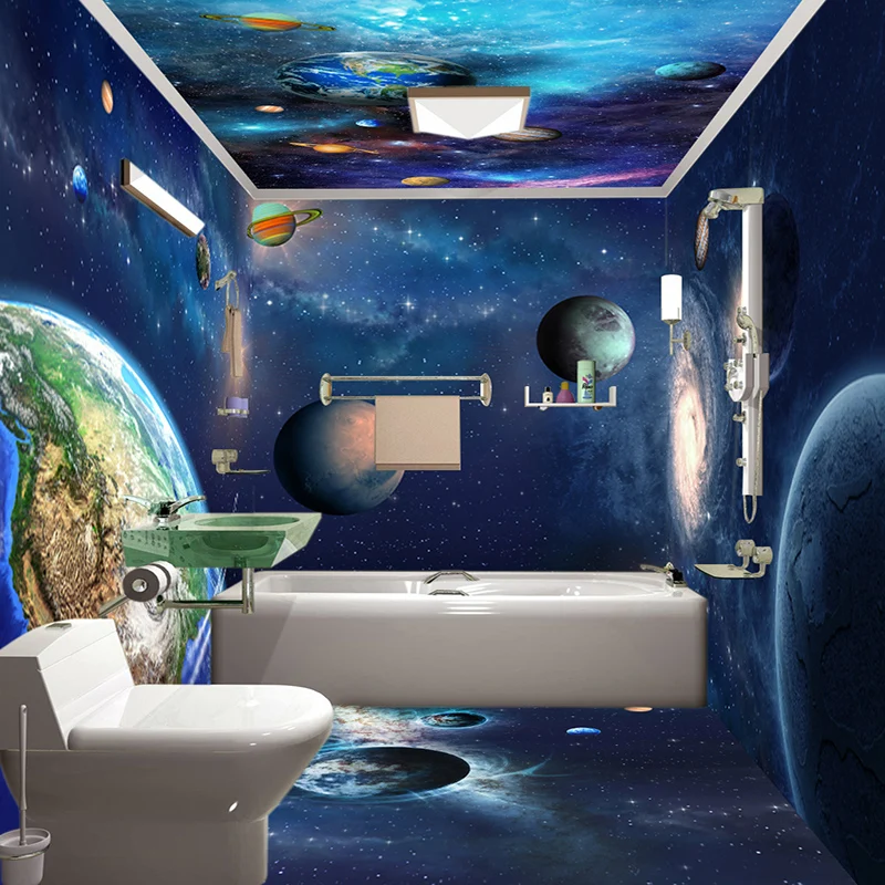 Personalized Custom Blue Space Planet 3D Mural Wallpaper Bathroom PVC Self-Adhesive Waterproof Wall Sticker Papel De Parede 3D