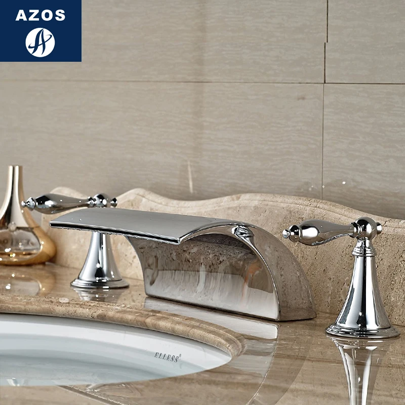 Azos Split FaucetDiscoloration Waterfall Brass Chrome Cold and Hot Switch Temperature Control LED Bathroom Below Counter Basin H