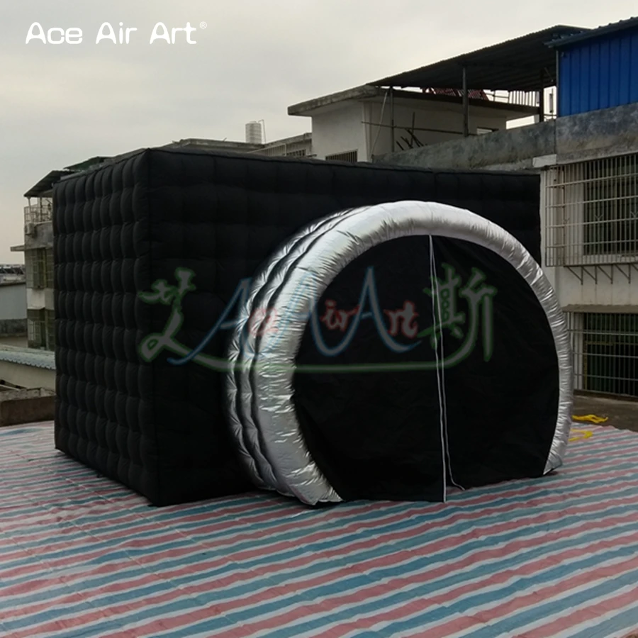 Black Color Outside Camera Shaped Inflatable Photo Booth Enclosure with Silver Lens Shaped Zipper Doors