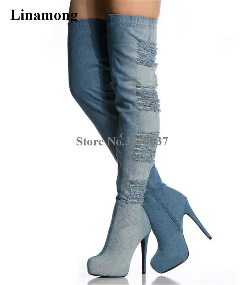 

Hot Selling Women Sexy Round Toe High Platform Blue Denim Over Knee Boots Fringes Slim Thigh High Long High Heel Boots