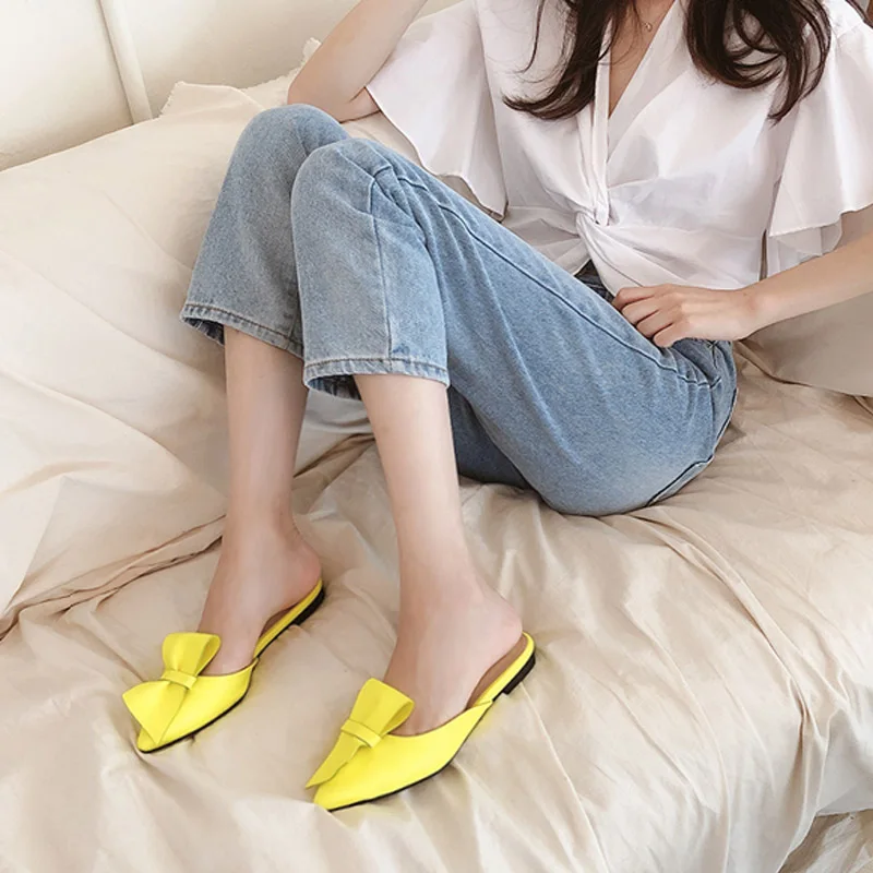 Pointed flat bow slippers women summer wear Baotou half slippers 2019 new fashion lazy sandals women\'s shoes