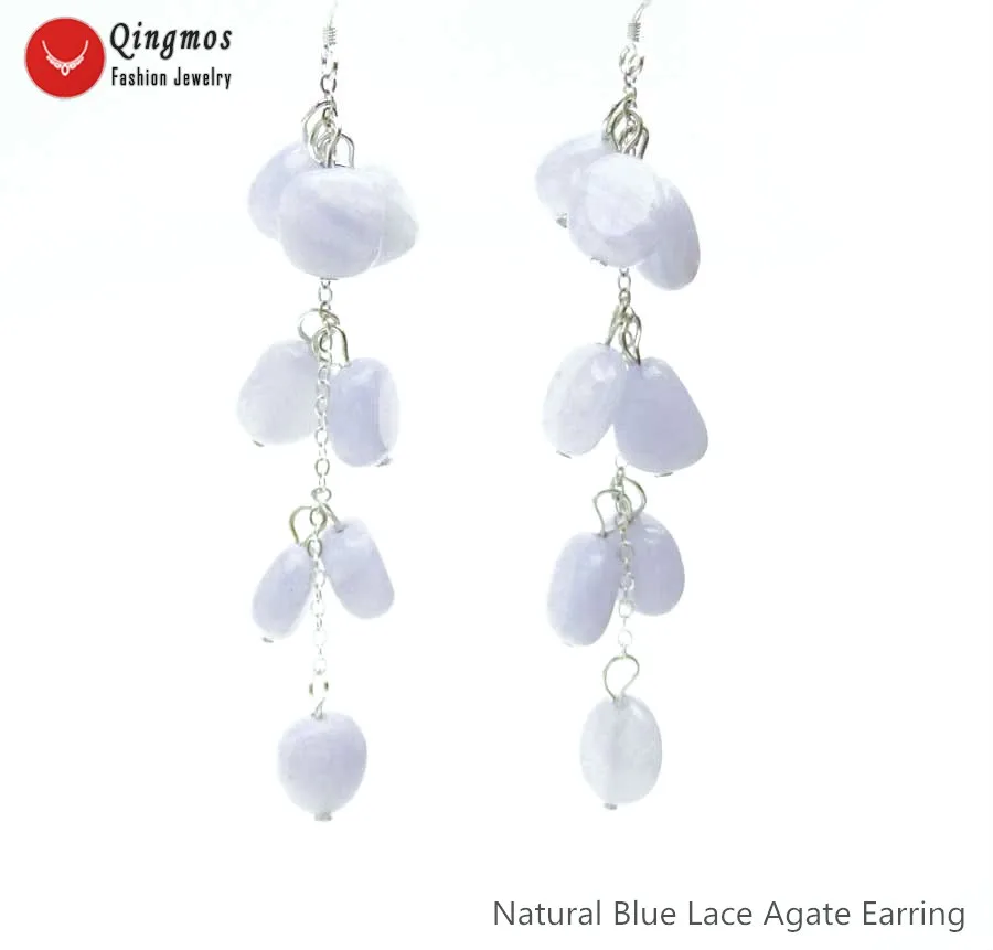 Fashion Natural Blue Lace Agates Stone Earrings for Women with Baroque 8-10mm Blue Lace Agates Dangle Earring Jewelry 3.5'' e744