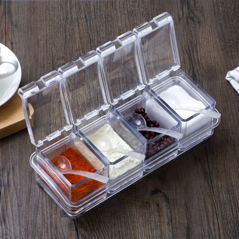 Clear Seasoning Rack Spice Pots - 4 Piece Acrylic Seasoning Box - Storage Container Condiment Jars - Cruet with Cover and Spoon