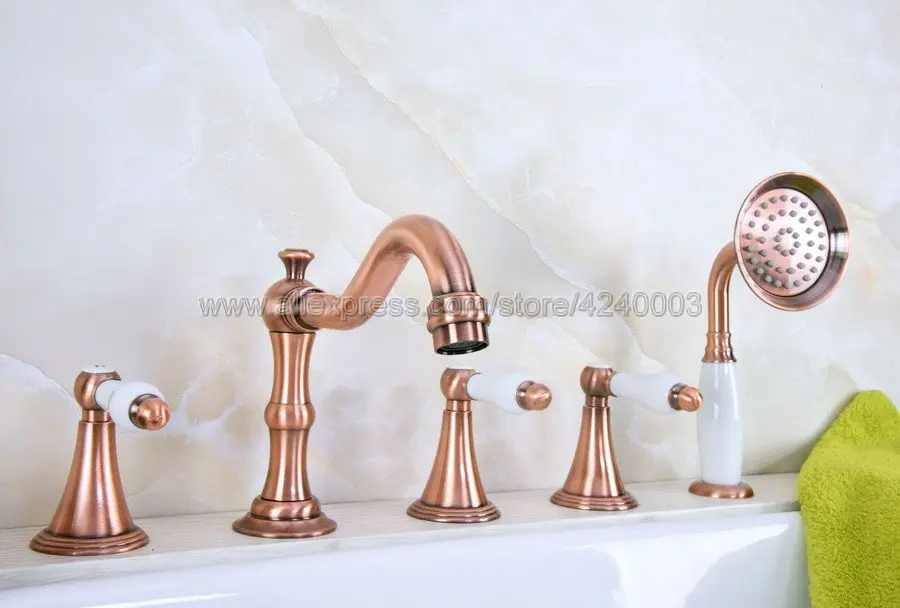 Antique Red Copper 5pcs Deck-Mount Roman Tub Faucet with Hand Shower Spray Ktf211