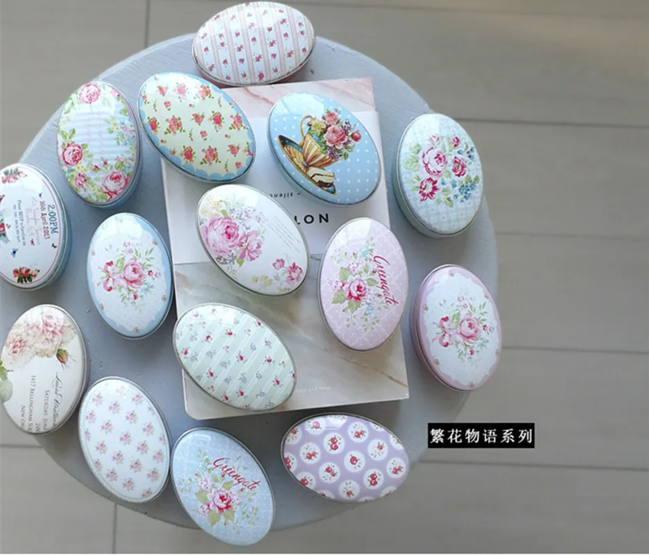 

30pcs/lot Metal Storage Box Fresh Flower Printing Oval Shape Candy Box Handmade Soap Case Mini Tin Jewelry box Small Pill Case