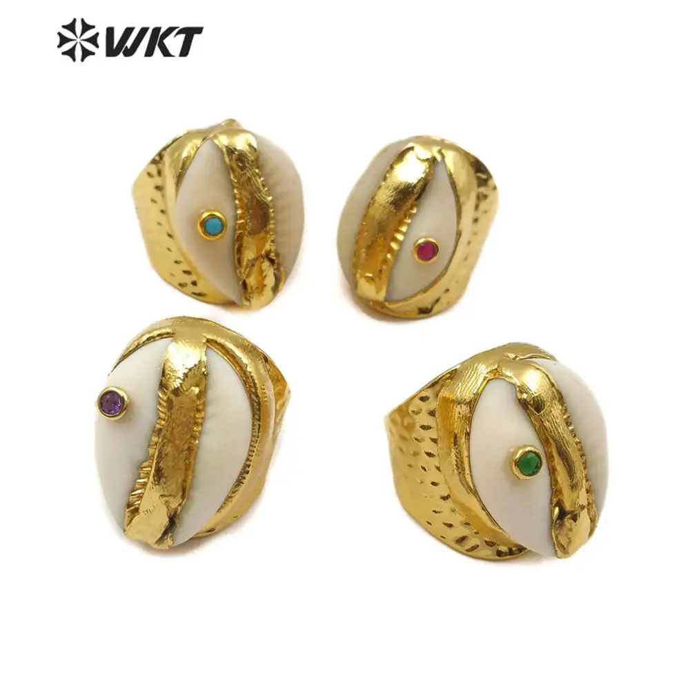 WT-R335 Wholesale Natural Cowrie Sea Shell Rings With Multi Color Rhinestone Pave For Women Party Jewelry Resist Tarnishable