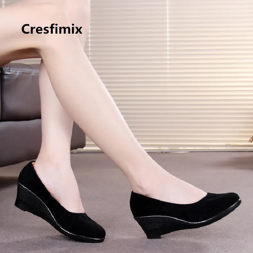 Cresfimix women fashion comfortable wedge heel hotel work shoes lady cool black slip on shoes spring autumn shoes zapatos a3130