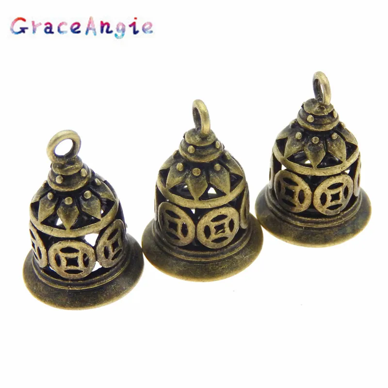 GraceAngie 12PCS Antique Style Bronze Tone Heart Ancient Bell Charm Alloy Plated Suspension Pendants (03753)