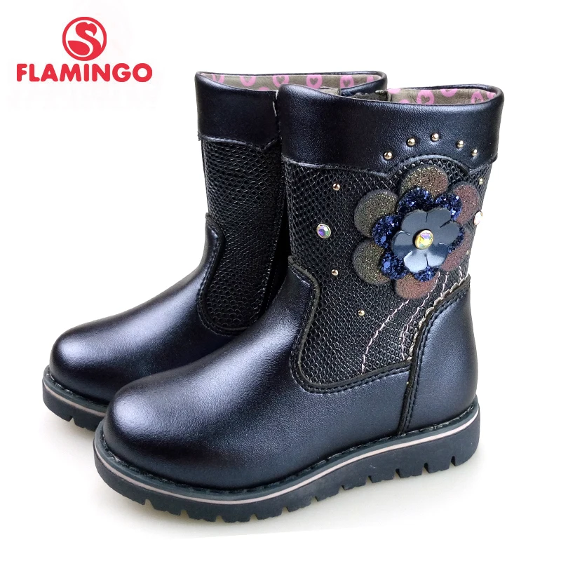 

FLAMINGO Autumn Flower Decoration Mid-Calf Blue Bright Leather Anti-slip kids Shoe for Girl Size 23-28 Free Shipping 82C-XY-0990