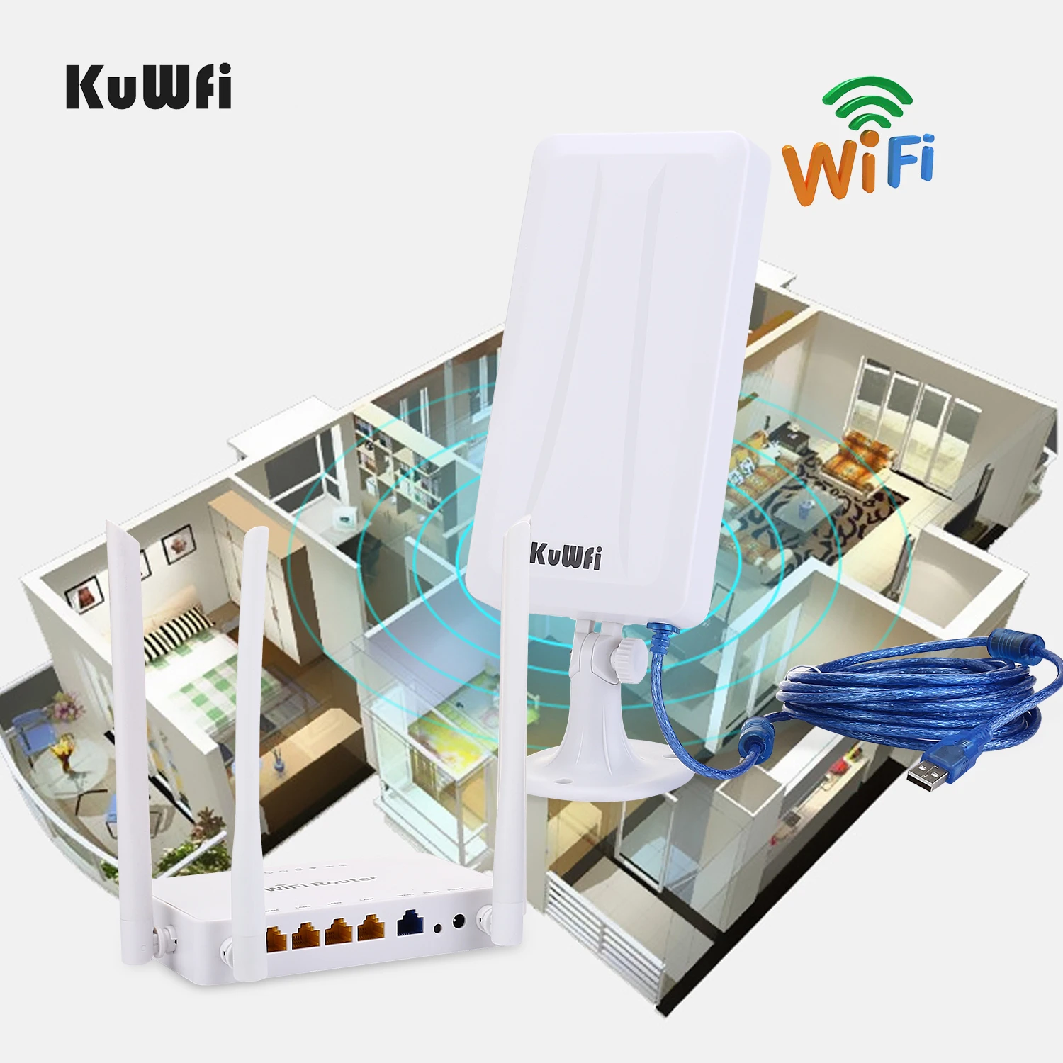 Roteador sem fio Openwrt de alta potência com antena 4pcs 7dbi, adaptador sem fio de alta potência com antena 14dbi e cabo USB 5M