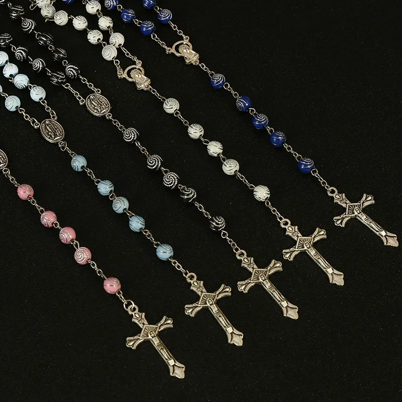 Classic 8MM Spiral Plastic Rosary Necklace, Santa Maria Prayer Necklace, Christian Cross Necklace Religious Jewelry.