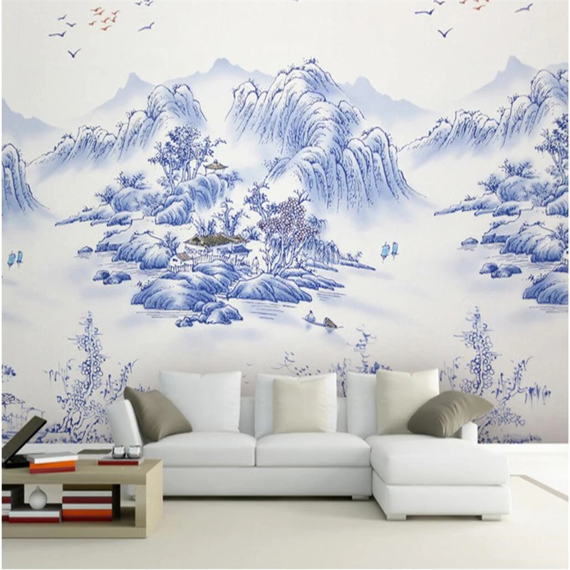 wellyu Custom wallpaper 3D giant landscape blue and white porcelain TV background wall tiles murals wallpaper 3d papel de parede