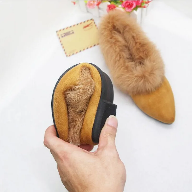 2020 Autumn And Winter Flat-bottomed Pointed Rabbit Fur Shoes Plus Velvet Warm Cotton Shoes Small Size 31-32-33 Large Size 41-43