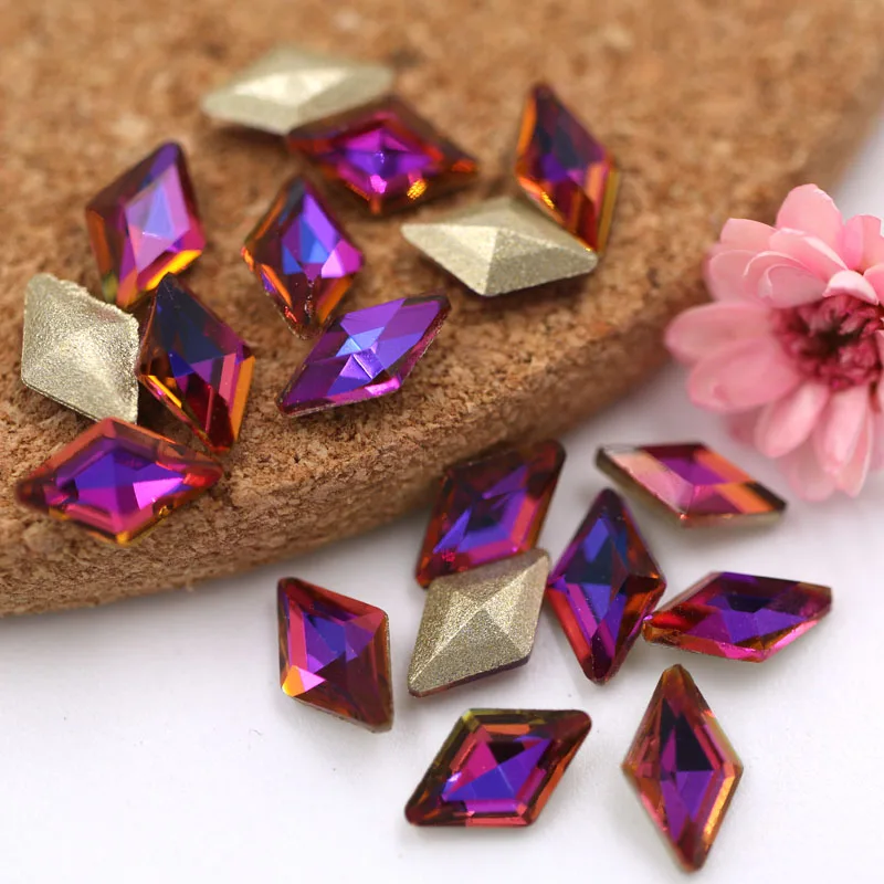 New 5x8mm rhombus shape crystal glass pointback rhinestones Purple blue light glue on rhinestones 50pcs/pack for DIY Nail art