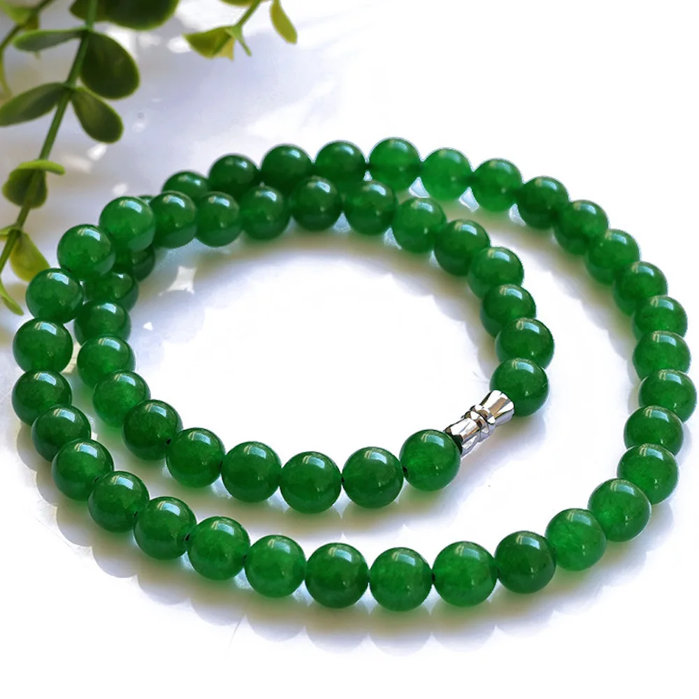 Fashion Jewelry 8MM Beaed Green Chalcedony Natural Stone Pendant Necklace For Women Jewelry Size Length 50cm