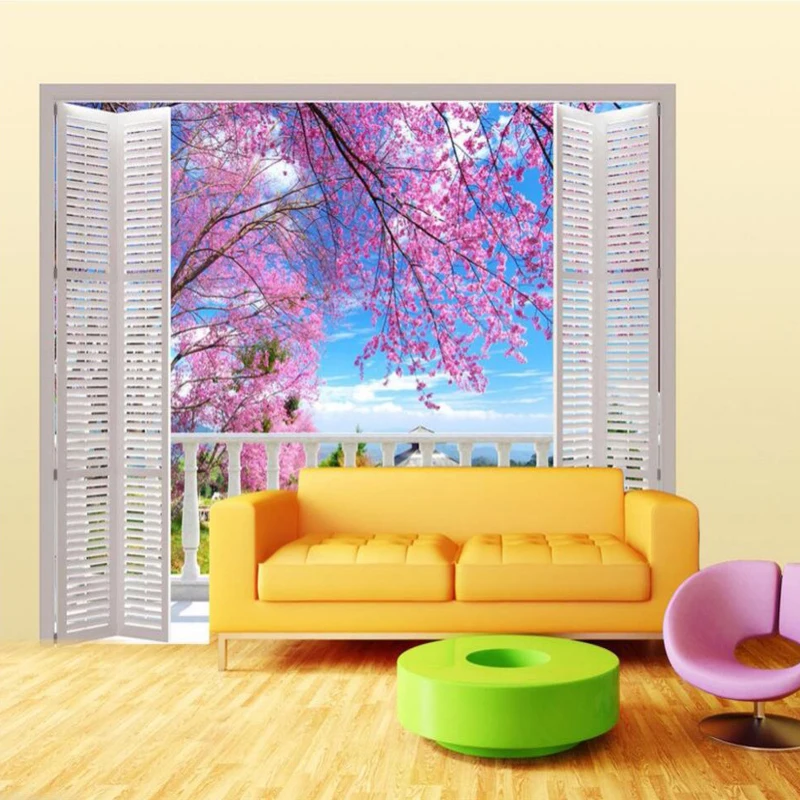 

3D Photo Mural Photo Wallpaper False Window Views Romantic Cherry Blossoms Wall Mural Living Room Bedroom Wall Paper Decorative